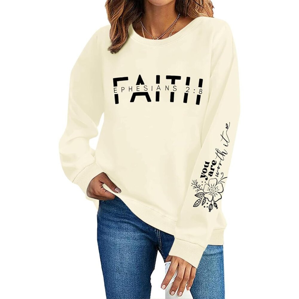 Women Christian Sweatshirt Cotton Blend Faith Jesus Religious Crewneck
